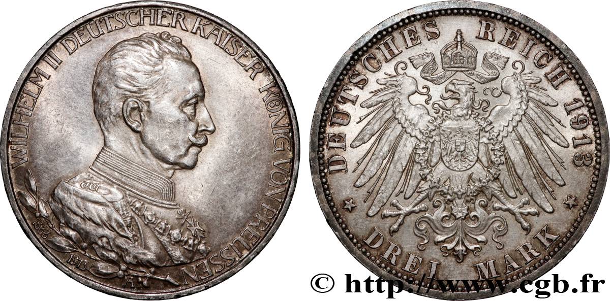 GERMANY - PRUSSIA 3 Mark 25e anniversaire de règne de Guillaume II 1913 Berlin AU 
