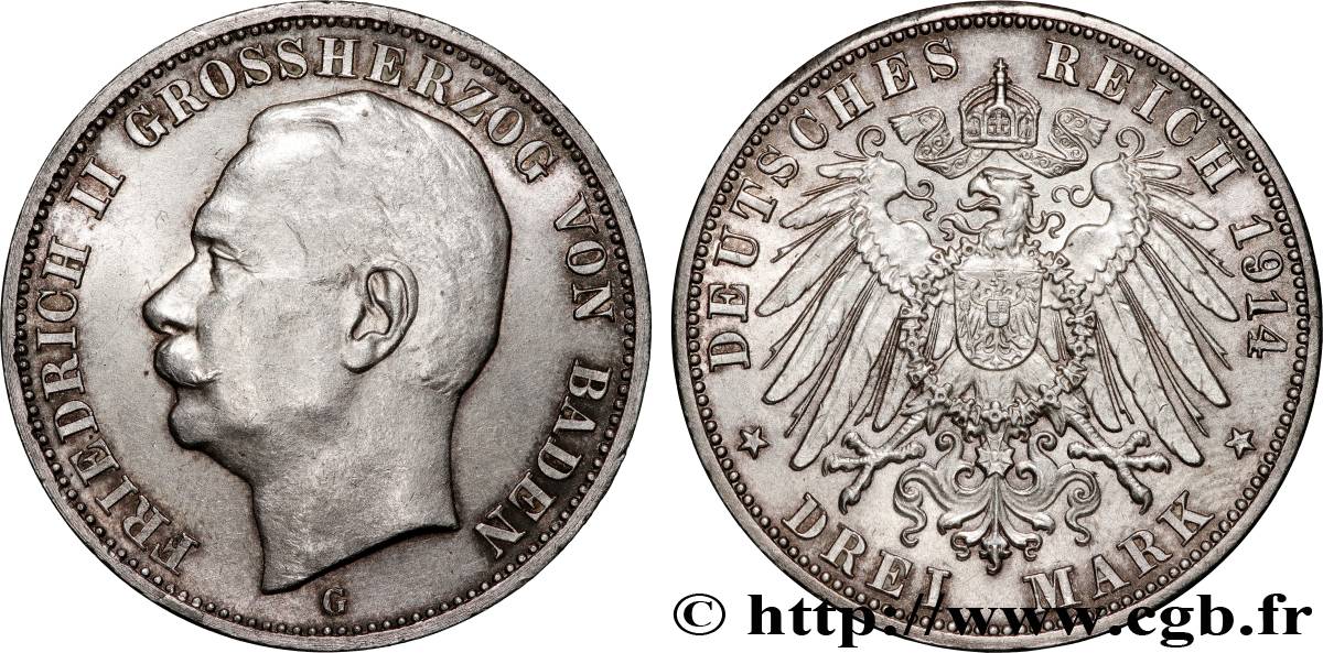 ALEMANIA - BADEN 3 Mark Frédéric II 1914 Karlsruhe EBC 