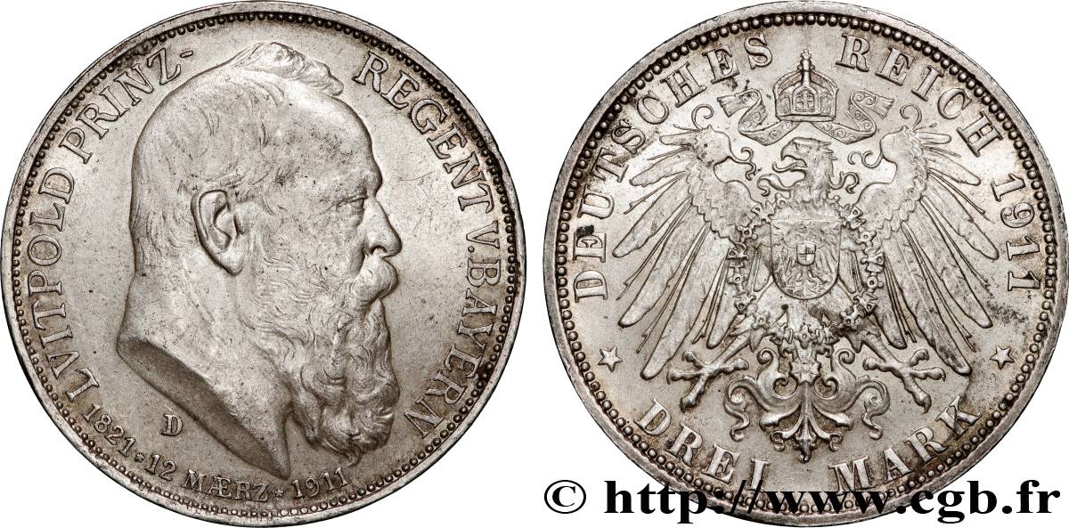 GERMANY - BAVARIA 3 Mark régent Léopold  1911 Munich  AU 