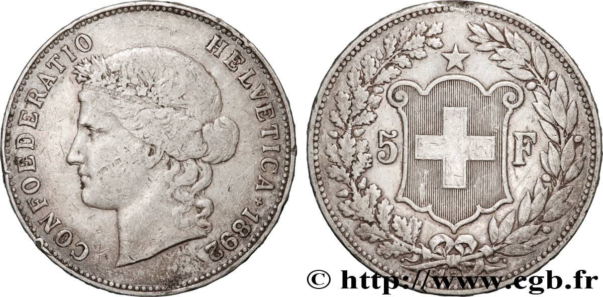 SWITZERLAND 5 Francs Helvetia 1892 Berne XF 