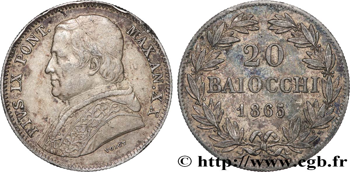 VATIKANSTAAT UND KIRCHENSTAAT 20 Baiocchi Pie IX an XX 1865 Rome SS 