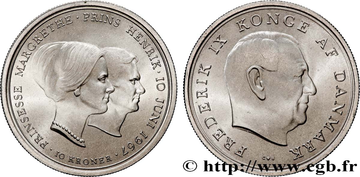 DÄNEMARK 10 Kroner mariage de la princesse Margrethe 1967 Copenhague fST 