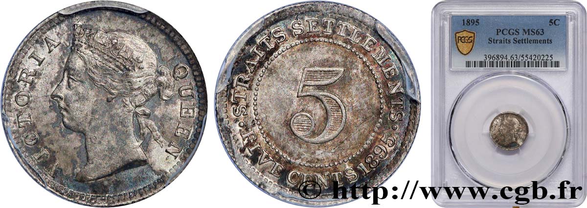 MALESIA - INSEDIAMENTI DELLO STRETTO 5 Cents Victoria 1895  MS63 PCGS