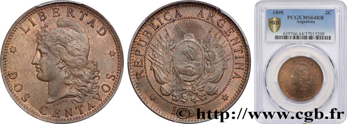 ARGENTINA 2 Centavos 1890  MS64 PCGS