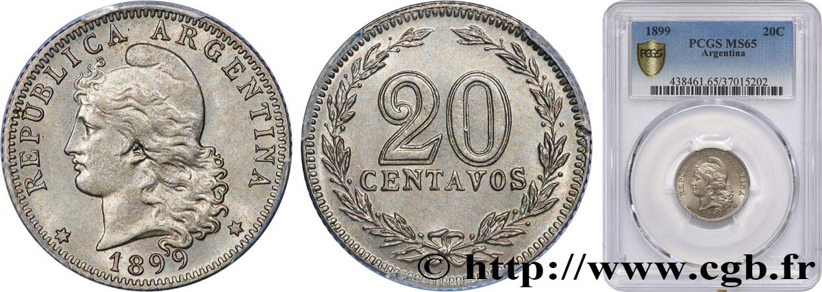 ARGENTINA 20 Centavos 1899  FDC65 PCGS