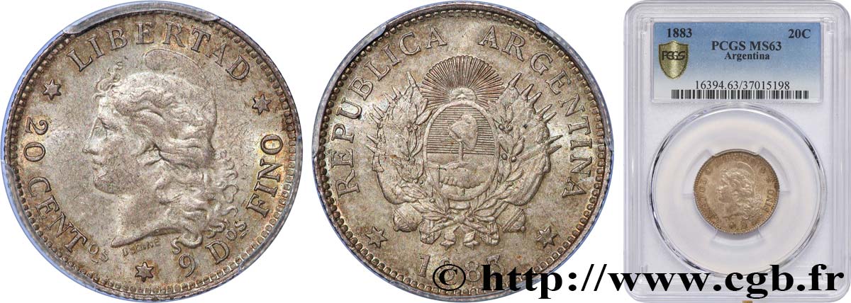 ARGENTINE 20 Centavos 1883  SPL63 PCGS
