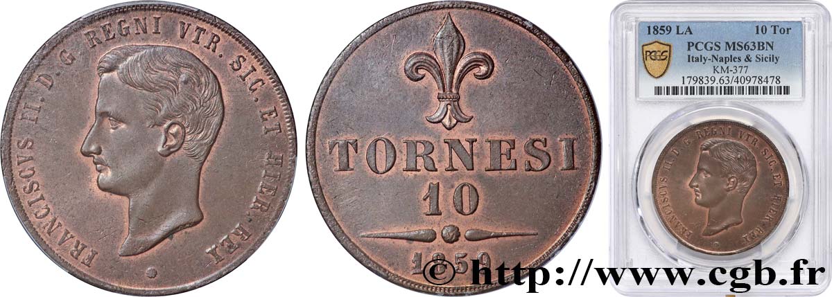 ITALIA - REINO DE LAS DOS SICILIAS - FRANCISCO II 10 Tornesi  1859 Naples SC63 PCGS