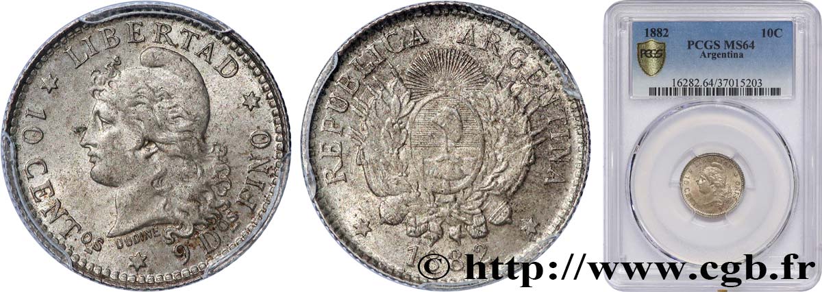 ARGENTINE 10 Centavos 1882  SPL64 PCGS