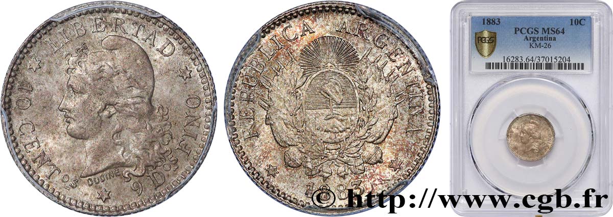 ARGENTINE 10 Centavos 1883  SPL64 PCGS