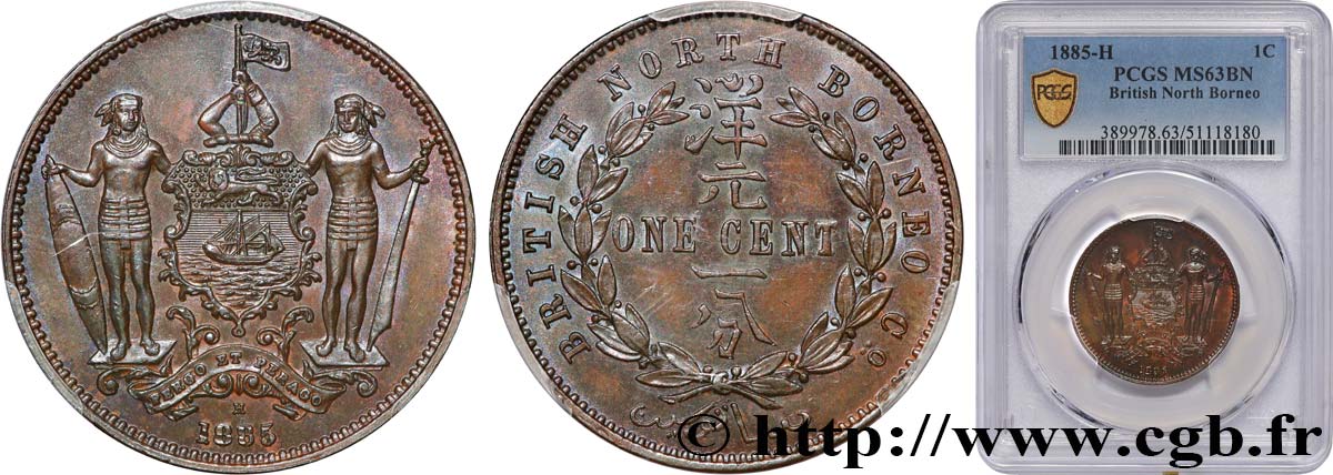 MALASIA - BORNEO SEPTENTRIONAL BRITÁNICO 1 Cent Compagnie britannique du Nord-Bornéo 1885 Birmingham SC63 PCGS