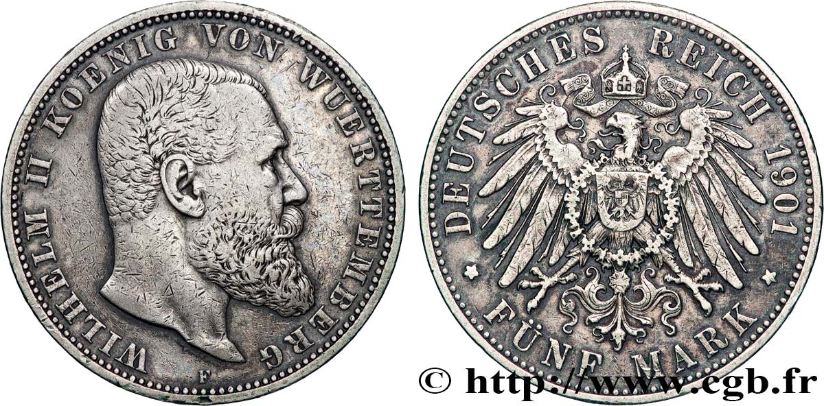 ALLEMAGNE - ROYAUME DE WURTTEMBERG - GUILLAUME II 5 Mark  1901 Stuttgart SS 