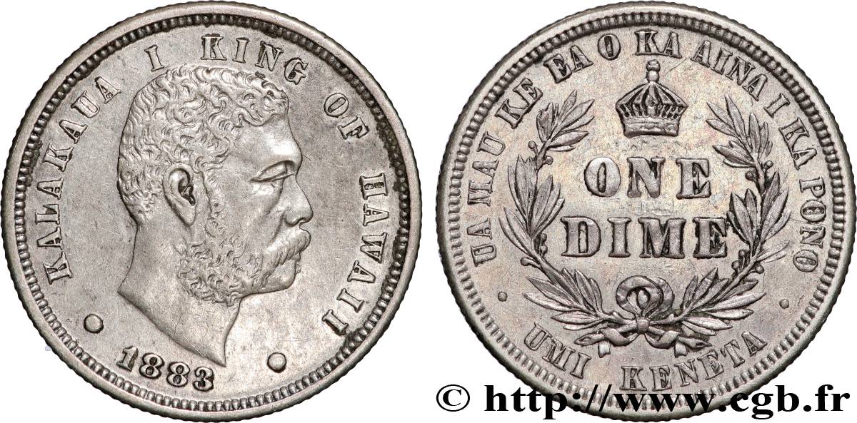 HAWAII One Dime (10 Cents) roi Kalakaua Ier 1883 San Francisco AU 