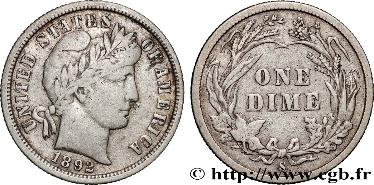 ÉTATS-UNIS D AMÉRIQUE 1 Dime Barber 1892 San Francisco TTB 