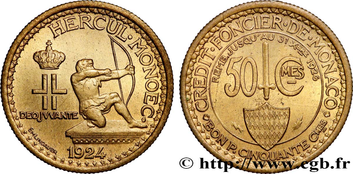 MONACO 50 Centimes émission du Crédit Foncier de Monaco 1924 Poissy SUP 