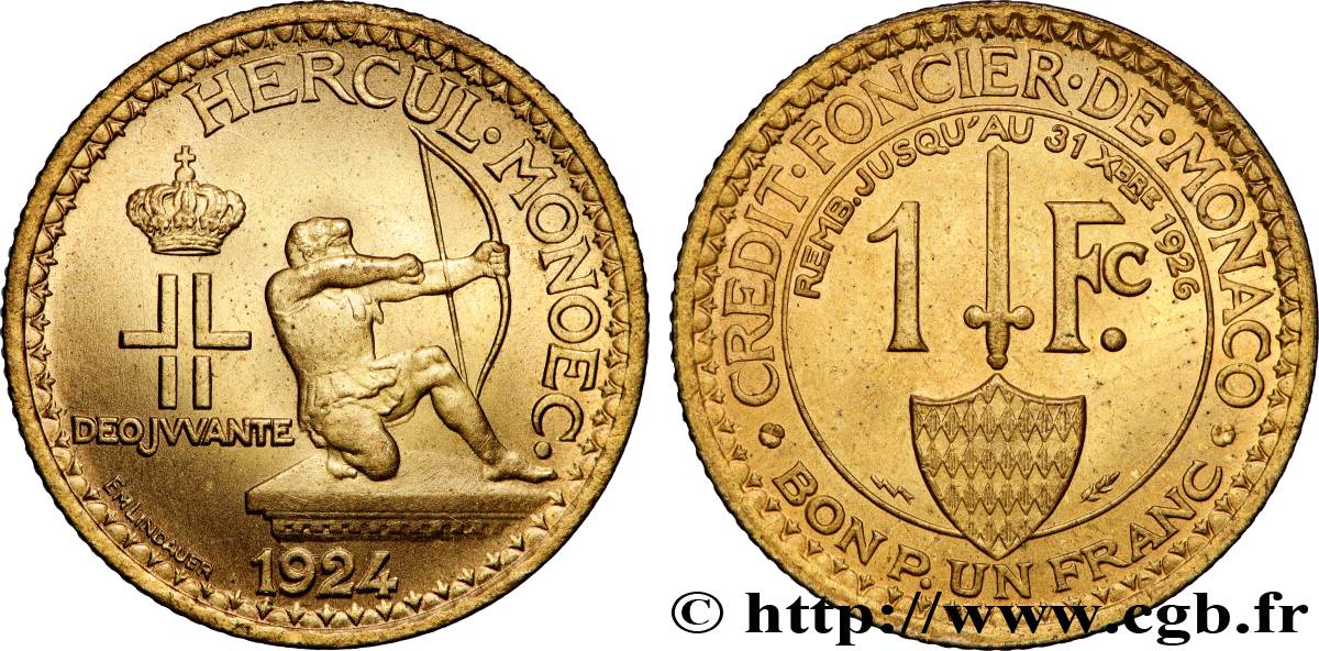 MONACO 1 Franc émission du Crédit Foncier de Monaco 1924 Poissy SUP 
