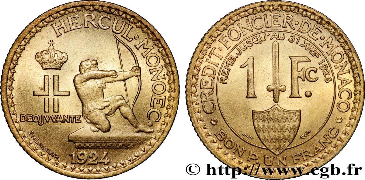 MONACO 1 Franc émission du Crédit Foncier de Monaco 1924 Poissy AU 