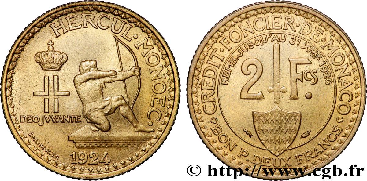 MONACO 2 Francs émission du Crédit Foncier de Monaco 1924 Poissy SUP 