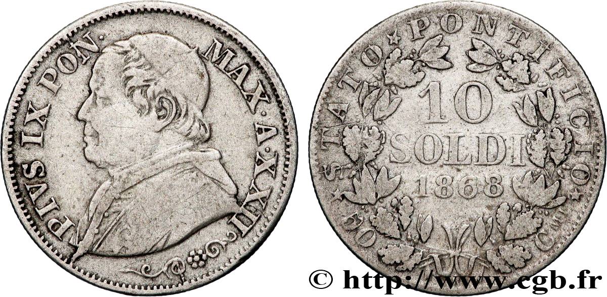 VATICAN AND PAPAL STATES 10 Soldi (50 Centesimi) Pie IX an XXII 1868 Rome VF 