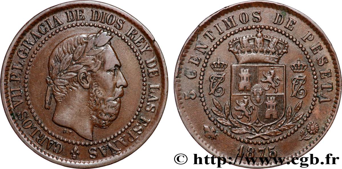 ESPAÑA 5 Centimos Charles VII (Charles de Bourbon, prétendant carliste) 1875 Oñate MBC+ 