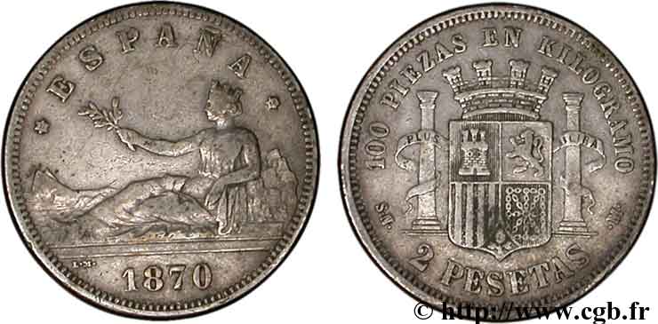 SPANIEN 2 Pesetas “ESPAÑA” allongée / emblème (1870) 1870 Madrid SS 