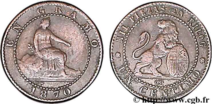 SPAIN 1 Centimo monnayage provisoire 1870 Oeschger Mesdach & CO XF 