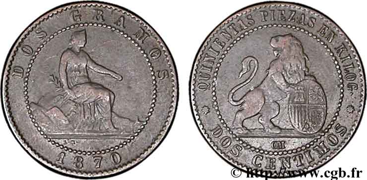 SPANIEN 2 Centimos monnayage provisoire 1870 Oeschger Mesdach & CO SS 