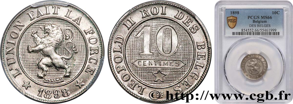 BELGIUM 10 Centimes Léopold II légende française 1898 Bruxelles MS66 PCGS