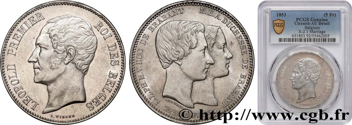 BELGIUM 5 Francs mariage du Duc et de la Duchesse de Brabant 1853  AU PCGS