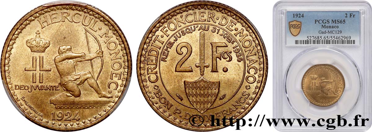 MONACO 2 Francs émission du Crédit Foncier de Monaco 1924 Poissy MS65 PCGS