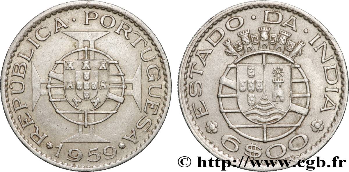 INDE PORTUGAISE 6 Escudos emblème du Portugal / emblème de l’État portugais de l Inde 1959 Lisbonne SUP 