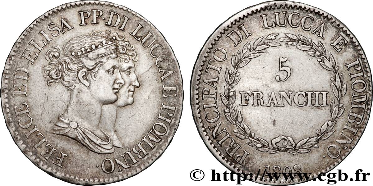 ITALIE - LUCQUES ET PIOMBINO 5 Franchi Elise et Félix Baciocchi 1808 Florence TTB+ 