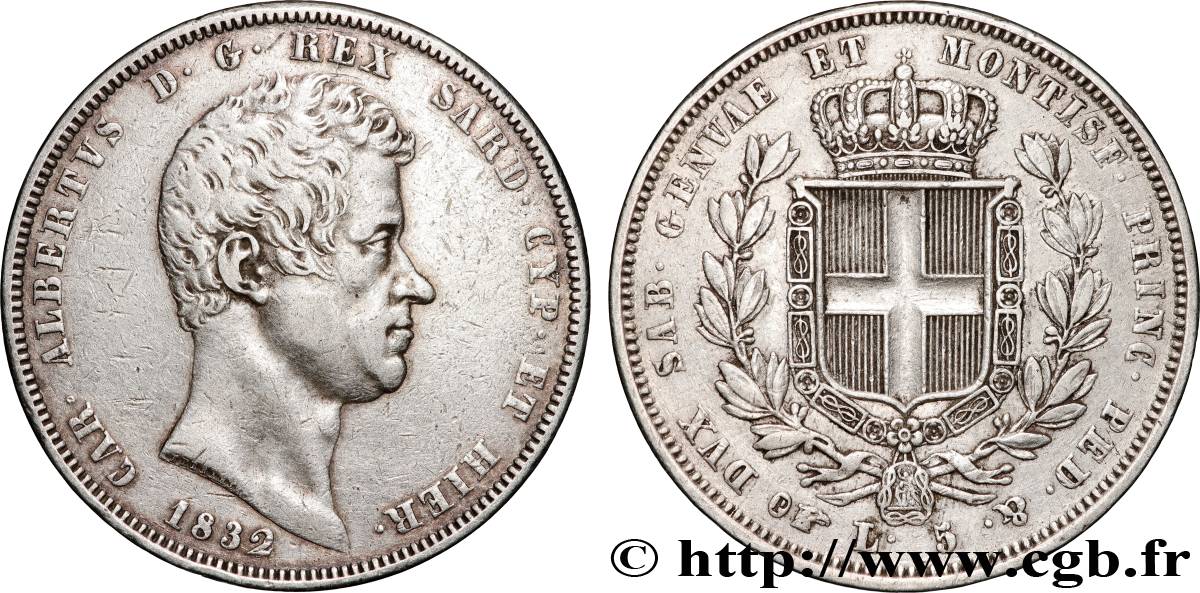 ITALIE - ROYAUME DE SARDAIGNE - CHARLES-ALBERT 5 Lire 1832 Turin TTB 