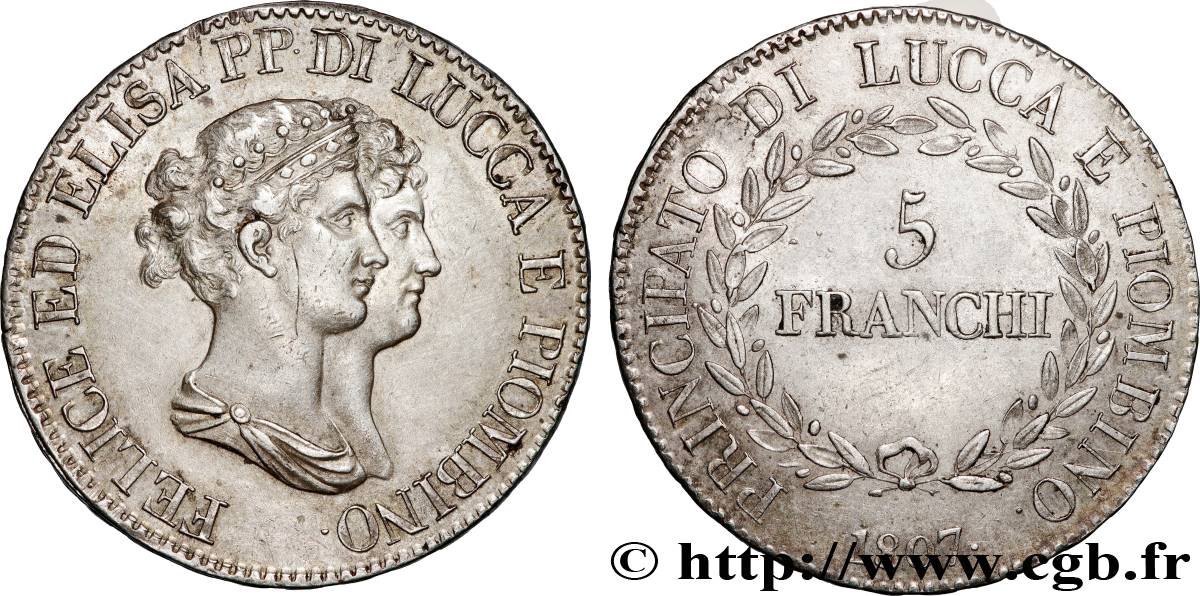 ITALIA - PRINCIPADO DE LUCCA Y PIOMBINO - FELICE BACCIOCHI Y ELISA BONAPARTE 5 Franchi 1807 Florence EBC 