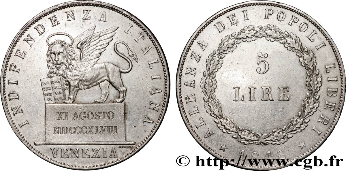 ITALIE - RÉPUBLIQUE DE VENISE 5 Lire 1848 Venise SUP 