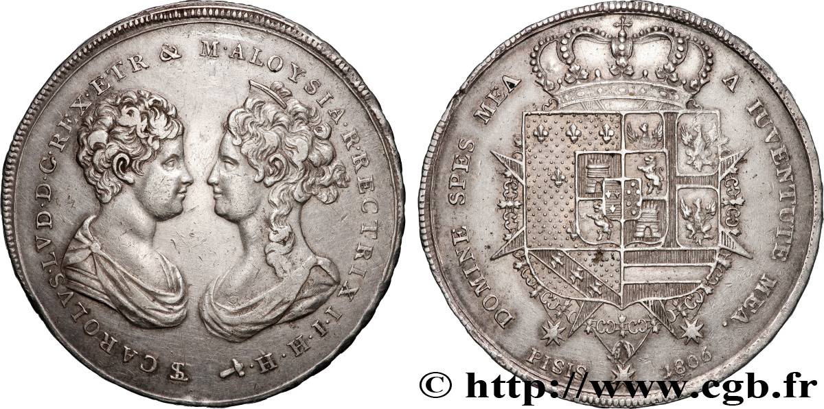 ITALIE - ROYAUME D ÉTRURIE - CHARLES-LOUIS et MARIE-LOUISE 10 Paoli ou Francescone  1806 Florence TTB/TTB+ 