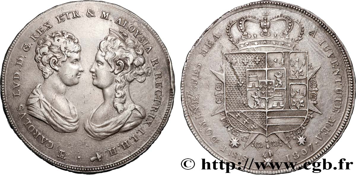 ITALIE - ROYAUME D ÉTRURIE - CHARLES-LOUIS et MARIE-LOUISE 10 Paoli ou Francescone  1807 Florence TTB 