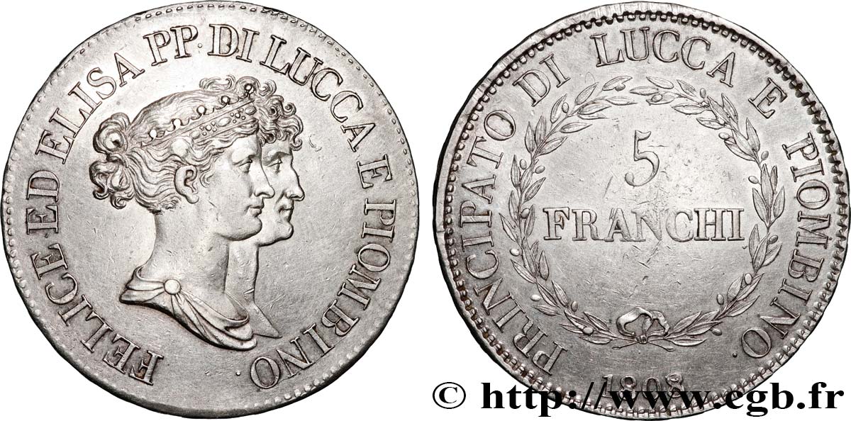 ITALIE - PRINCIPAUTÉ DE LUCQUES ET PIOMBINO - FÉLIX BACCIOCHI et ÉLISA BONAPARTE 5 Franchi 1808 Florence SUP 