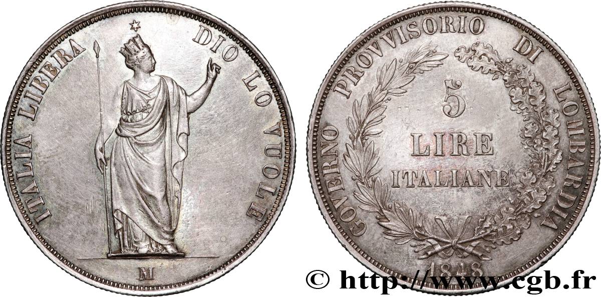 ITALIE - LOMBARDIE 5 Lire Gouvernement provisoire de Lombardie 1848 Milan TTB+ 