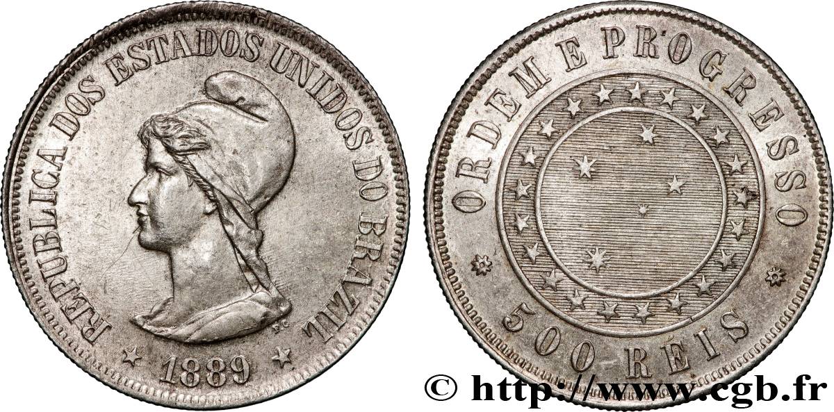 BRAZIL 500 Reis République 1889  AU 