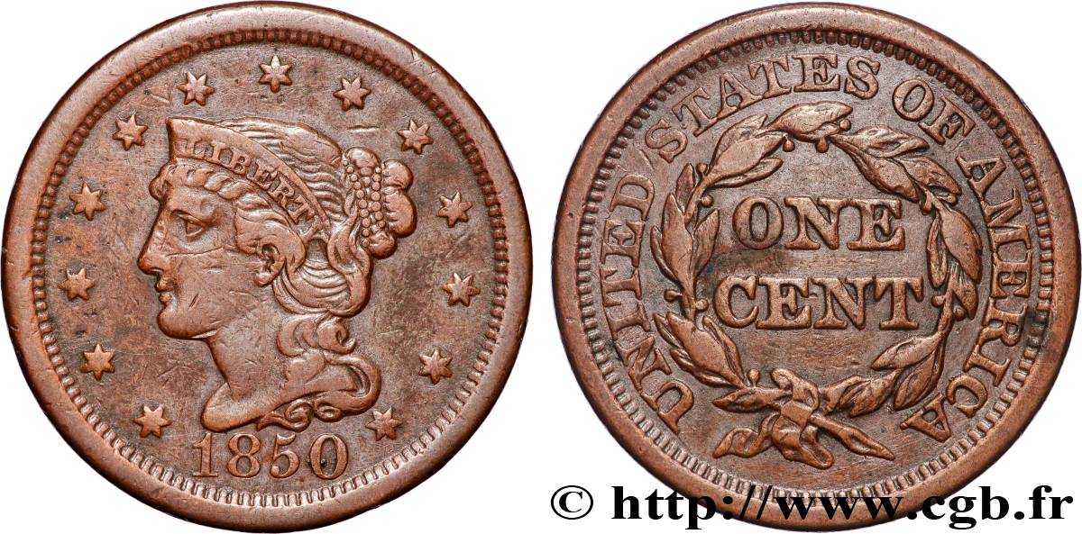 ÉTATS-UNIS D AMÉRIQUE 1 Cent Liberté “Braided Hair” 1850 Philadelphie TTB 
