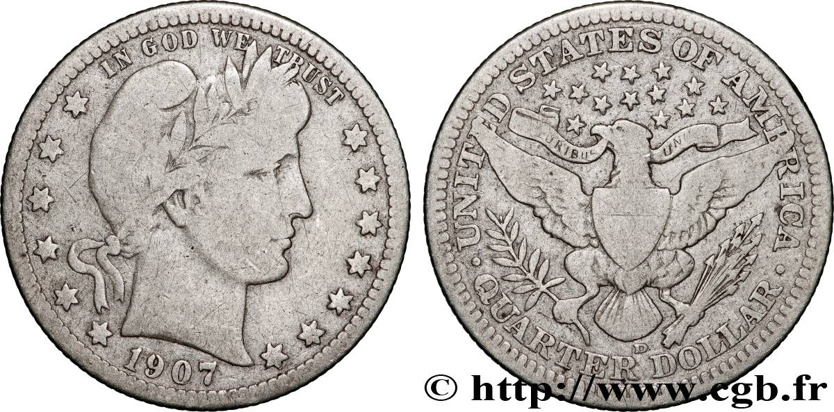 ÉTATS-UNIS D AMÉRIQUE 1/4 Dollar Barber 1907 Denver TB+ 