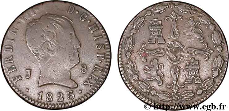 SPAIN 8 Maravedis Ferdinand VII 1823 Jubia XF 