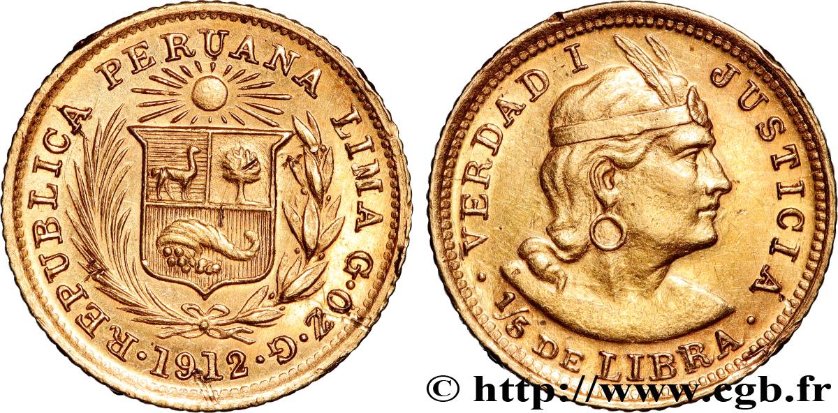 PERU 1/5 Libra 1912 Lima AU 
