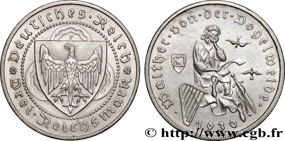 GERMANIA 3 Reichsmark Walther von der Vogelweide 1930 Stuttgart SPL 