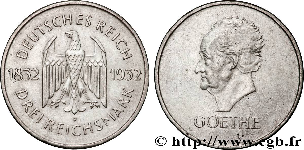 ALLEMAGNE 3 Reichsmark Goethe 1932 Stuttgart TTB+ 