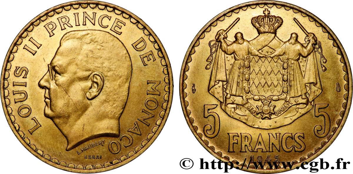 MONACO - PRINCIPAUTÉ DE MONACO - LOUIS II Essai de 5 Francs 1945 Paris SPL 