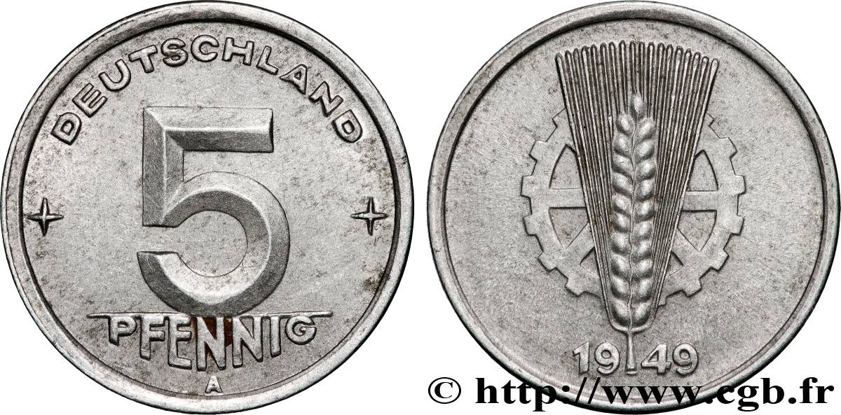 REPúBLICA DEMOCRáTICA ALEMANA 5 Pfennig épis et engrenage type Deutschland 1949 Berlin MBC 