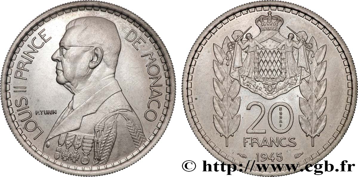 MONACO Essai de 20 Francs Turin Louis II 1945 Paris SPL 