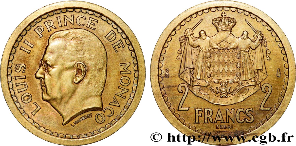 MONACO Essai de 2 Francs bronze-aluminium Louis II (1943) Paris SPL 