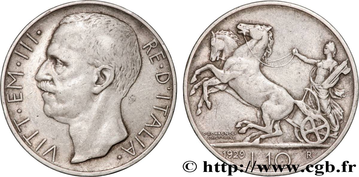 ITALIE - VICTOR EMMANUEL III 10 Lire char antique 1929 Rome BB 